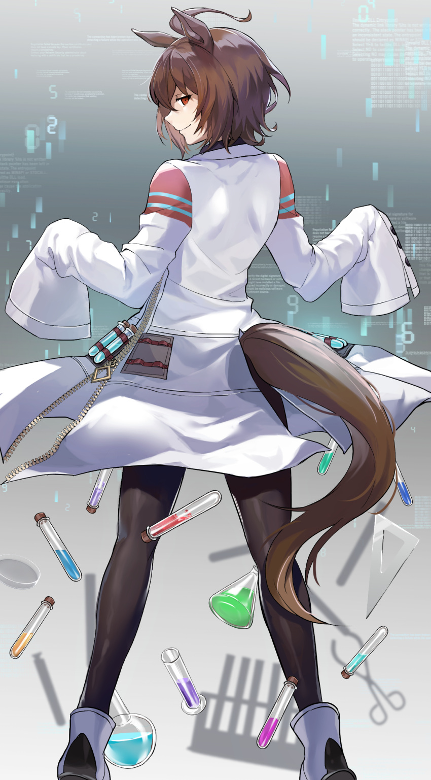 1girl, absurdres, agnes_tachyon_(umamusume), ahoge, animal_ears, bangs, black_legwear, brown_hair