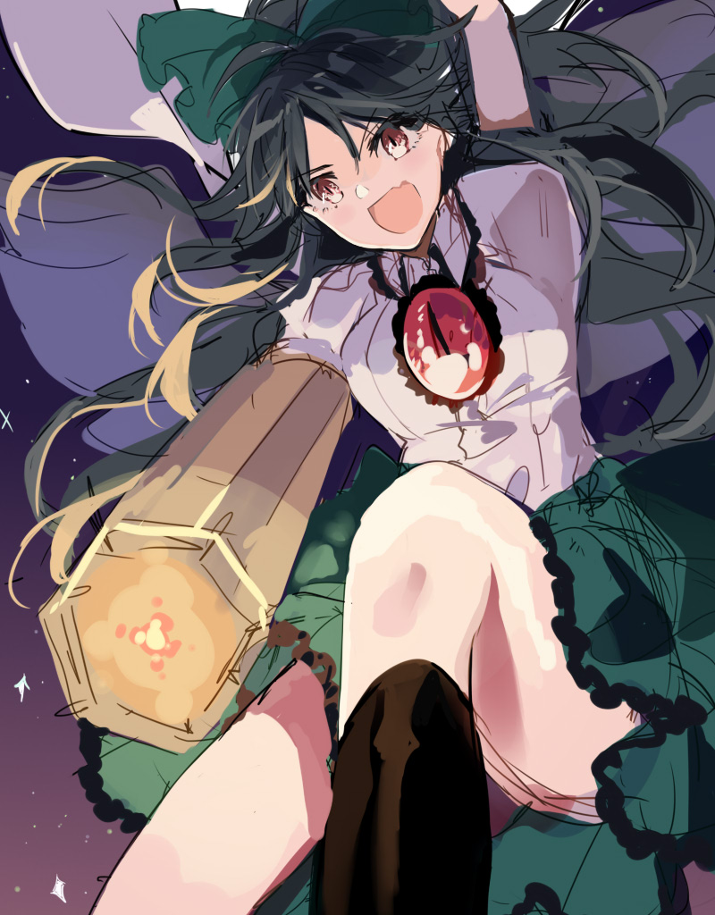 1girl, arm_cannon, arm_up, bangs, black_hair, black_legwear, blouse, bow