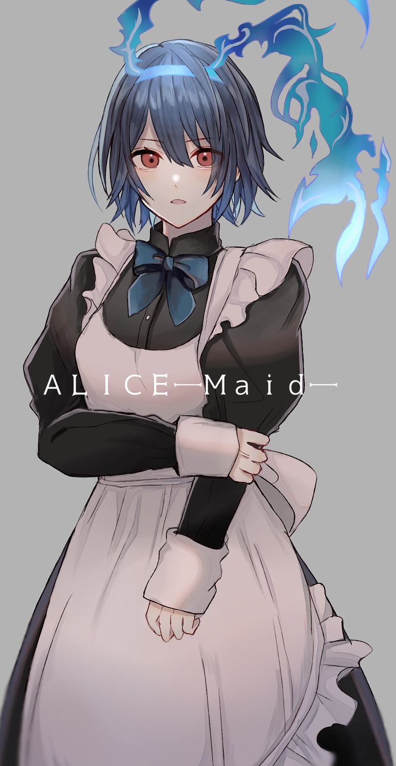 1girl, :o, akitama2727, alice_(sinoalice), apron, bangs, black_dress, blue_hair, dress, grey_background, hair_between_eyes, headband, highres, long_sleeves, looking_at_viewer, maid, maid_apron, open_mouth, red_eyes, short_hair, simple_background, sinoalice, solo