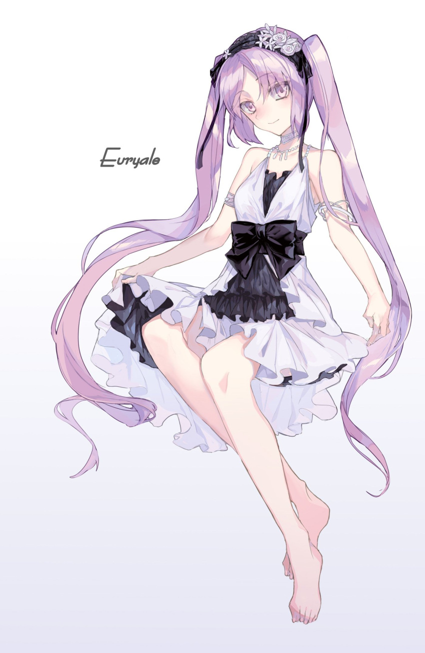 1girl, bangs, barefoot, bow, character_name, dress, euryale_(fate), eyebrows_visible_through_hair