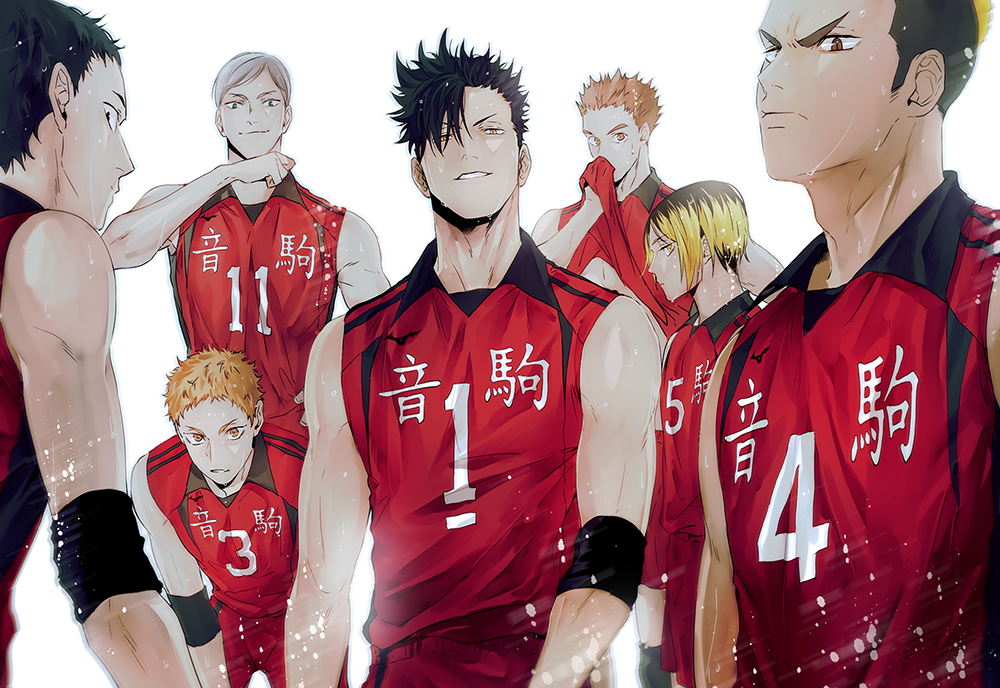 6+boys, black_hair, blonde_hair, brown_hair, elbow_pads, fukunaga_shouhei, grey_hair, haiba_lev