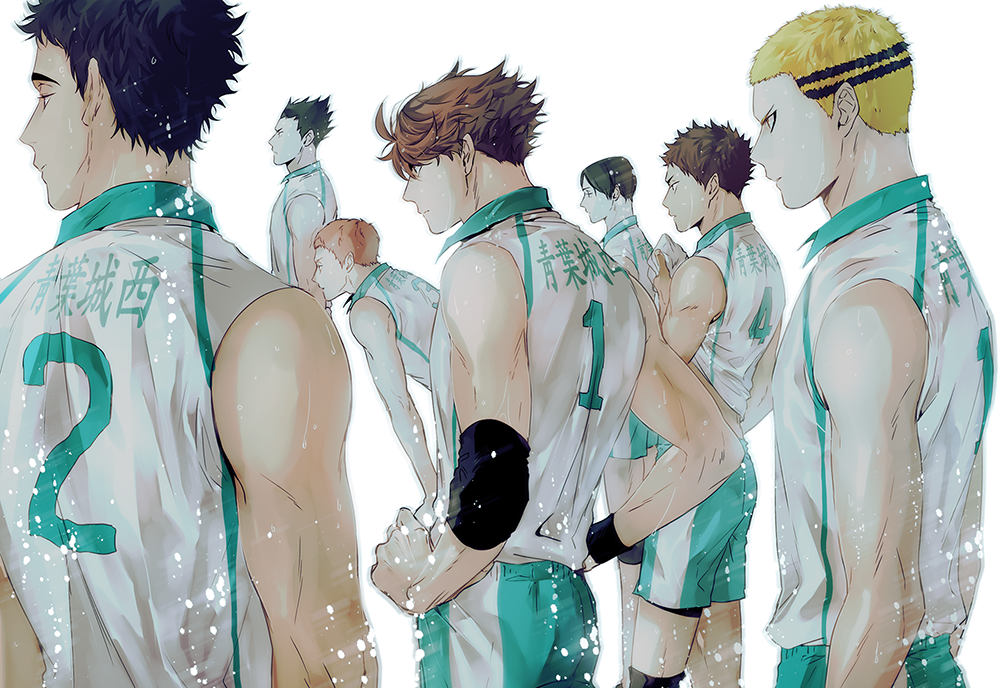 6+boys, back, black_hair, blonde_hair, brown_hair, closed_mouth, elbow_pads, from_behind