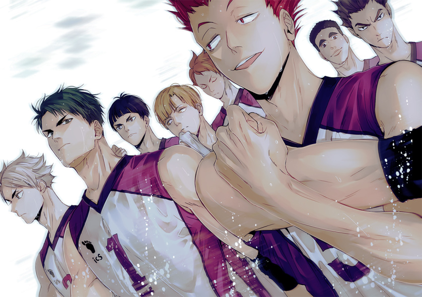 6+boys, adapted_costume, bare_shoulders, brown_hair, closed_eyes, closed_mouth, cross-body_stretch, elbow_pads