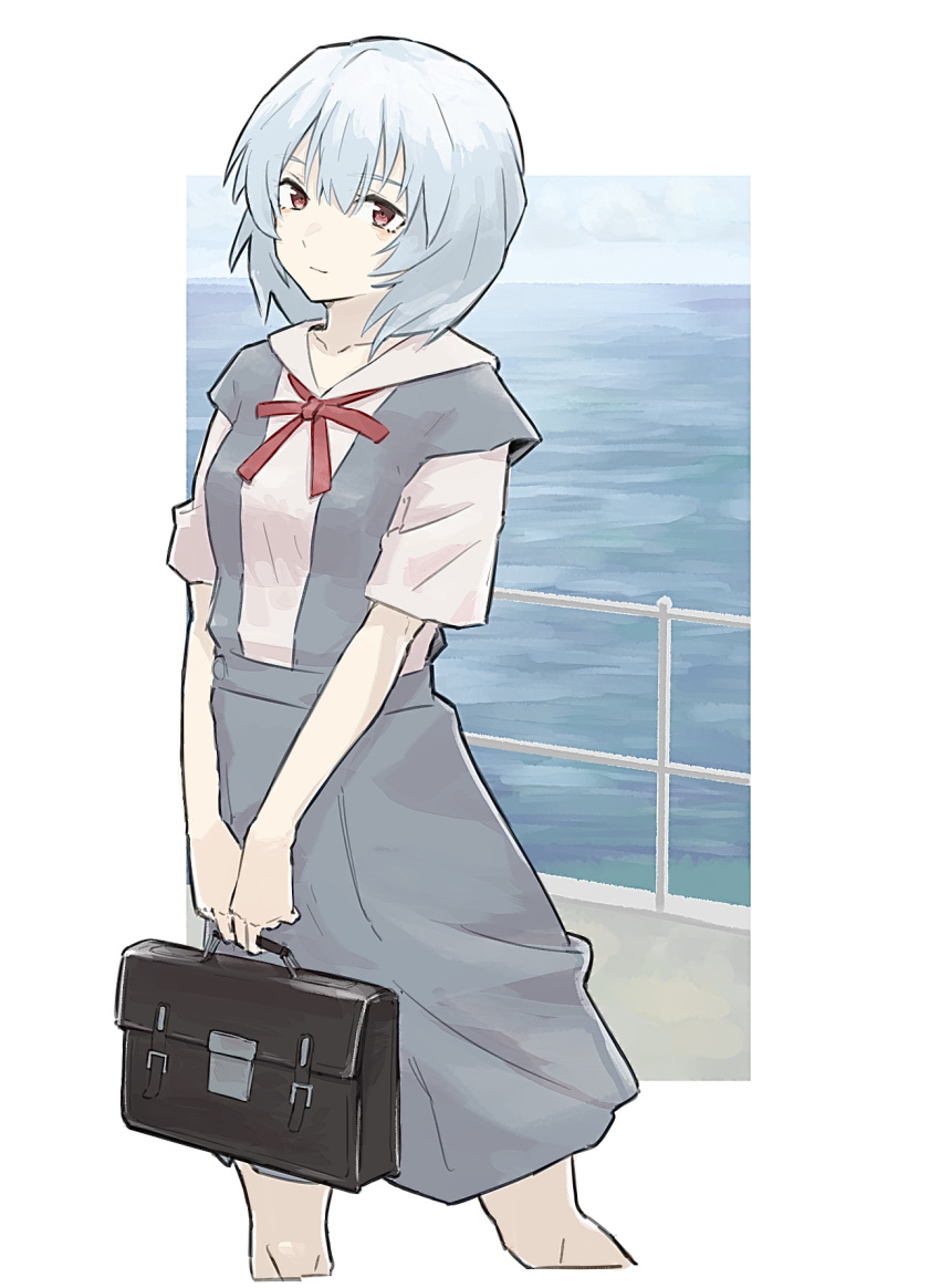 1girl, ayanami_rei, bag, bangs, blouse, blue_hair, blue_skirt, closed_mouth