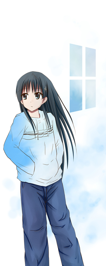 flower, green_eyes, hair_flower, hair_ornament, hands_in_pockets, hoodie, jeans, long_hair, ogura_sakiru, saten_ruiko, solo, to_aru_kagaku_no_railgun, to_aru_majutsu_no_index