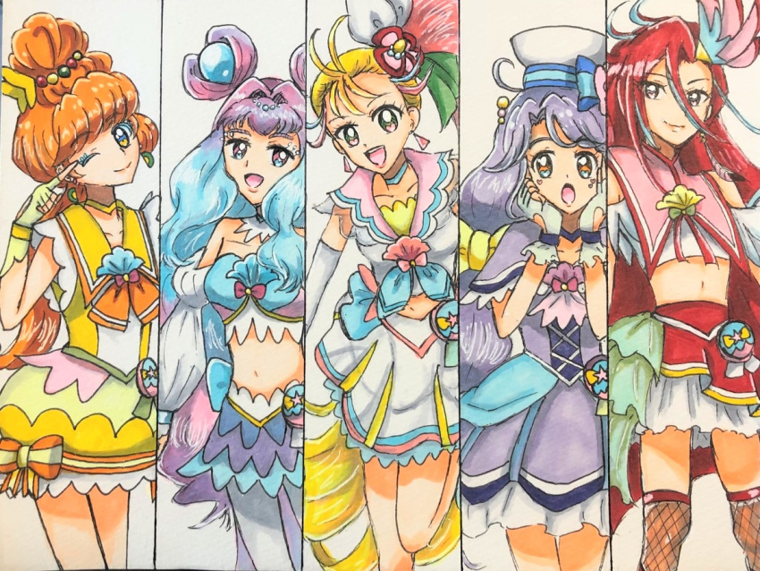 5girls, :d, :o, ;), ahoge, antenna_hair, bare_shoulders, beads
