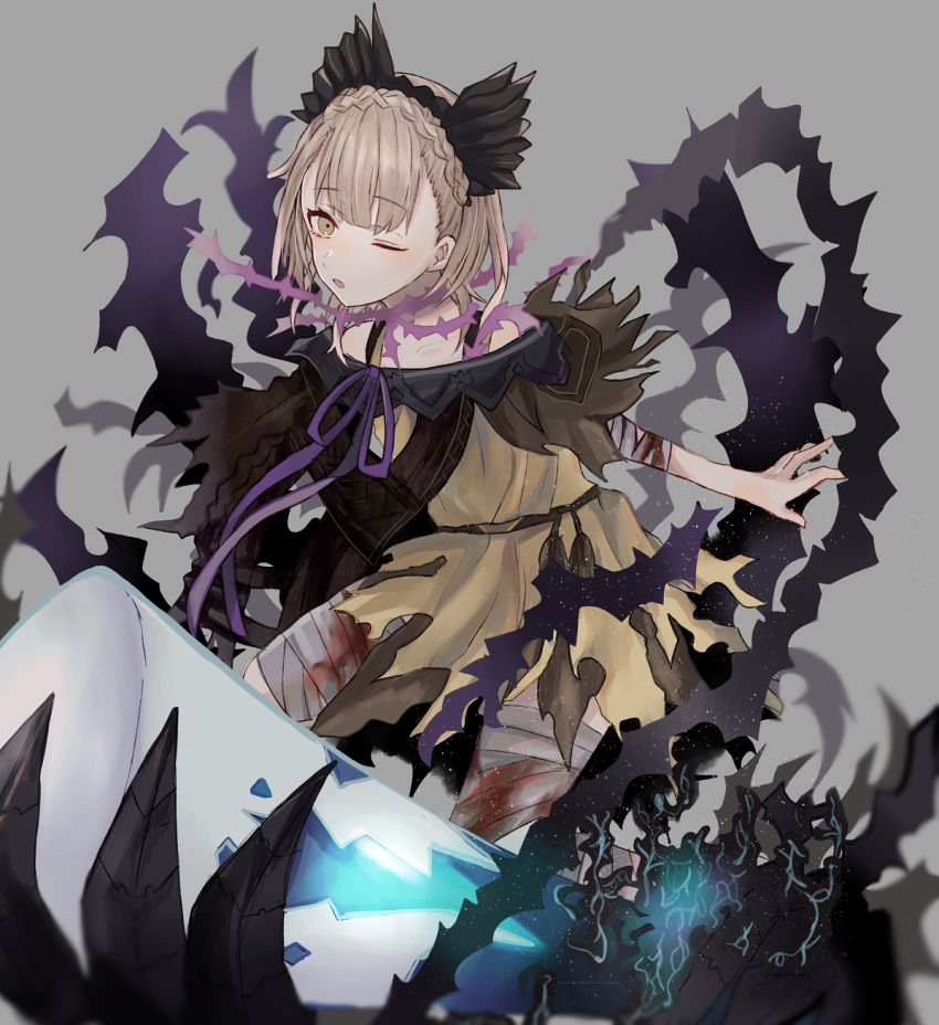 1girl, :o, akitama2727, bandages, bangs, bare_shoulders, blonde_hair, blood