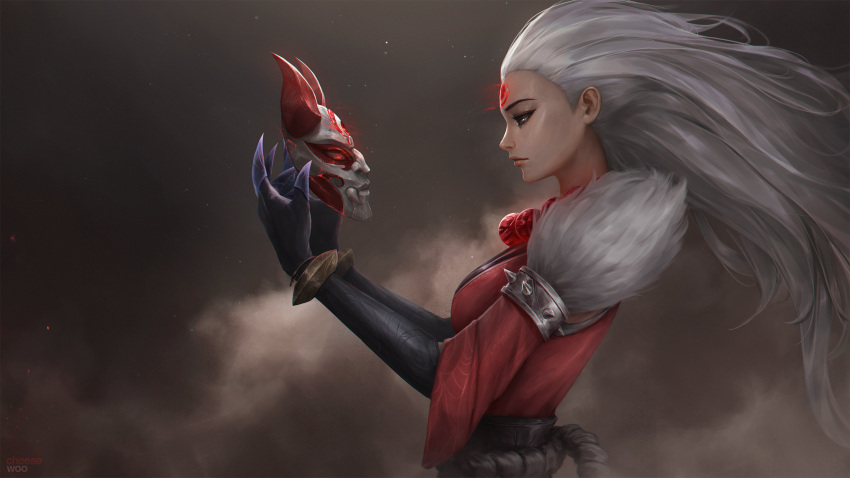 artist_name, bead_necklace, beads, blood_moon_diana, breasts, claws, diana_(league_of_legends), floating_hair