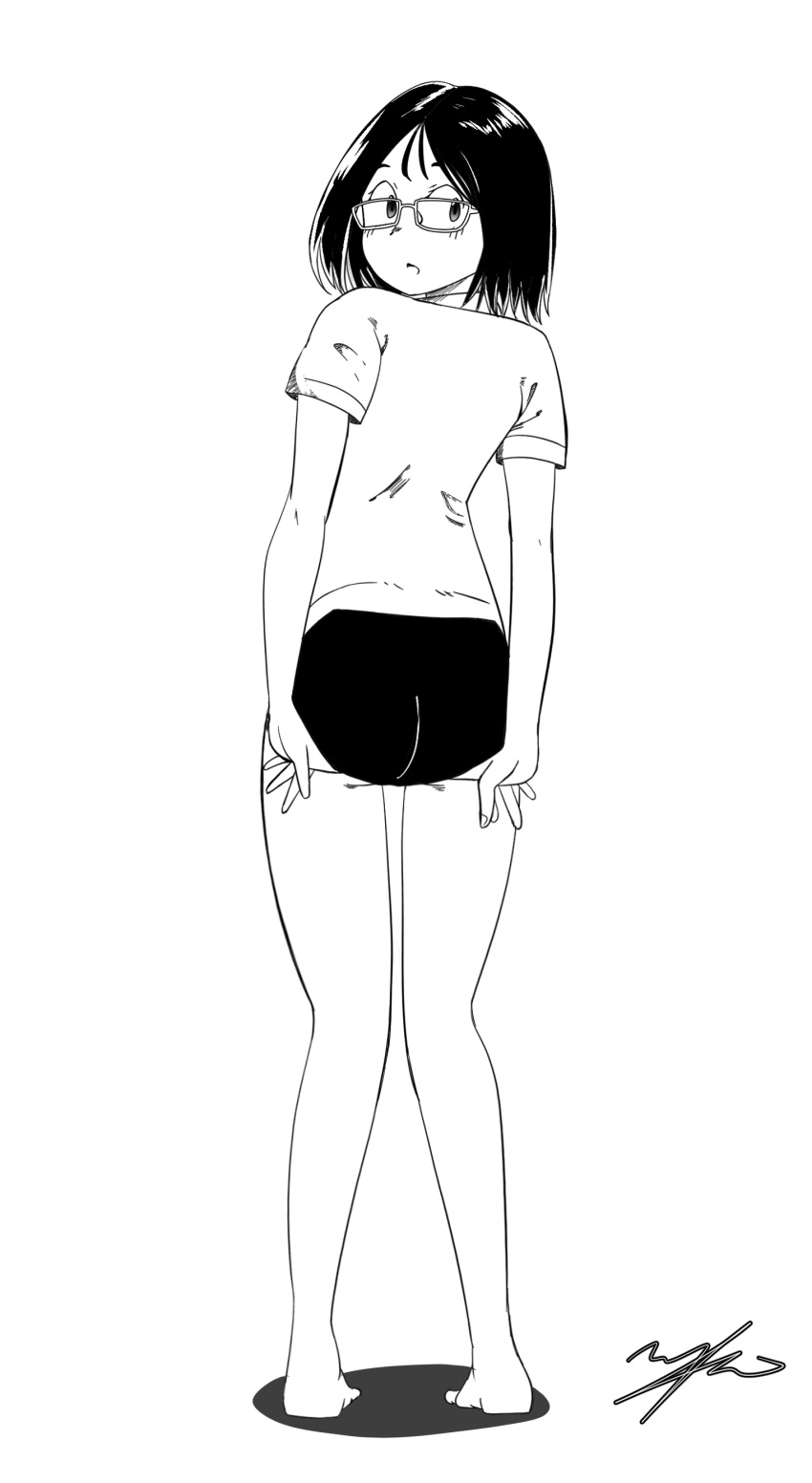 1girl, absurdres, adjusting_buruma, adjusting_clothes, adjusting_swimsuit, black_hair, buruma, glasses, highres, kiharry573, ookumo-chan_flashback, shirt, short_hair, signature, simple_background, solo, suzuki_oya, swimsuit, white_background