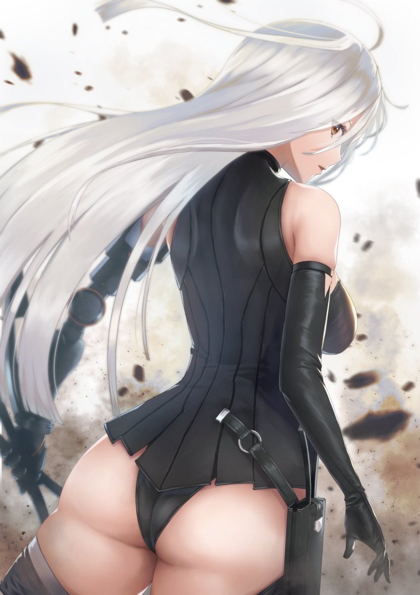 1girl, absurdres, ass, back, black_legwear, breasts, debris, elbow_gloves
