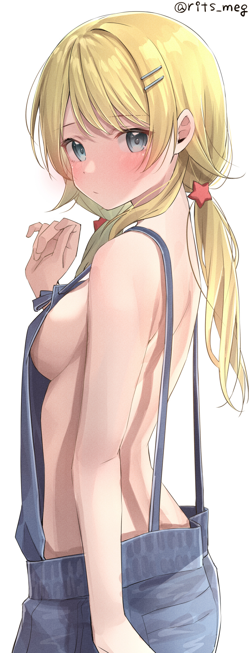1girl, absurdres, arm_at_side, bangs, bare_arms, bare_back, blonde_hair, blue_eyes
