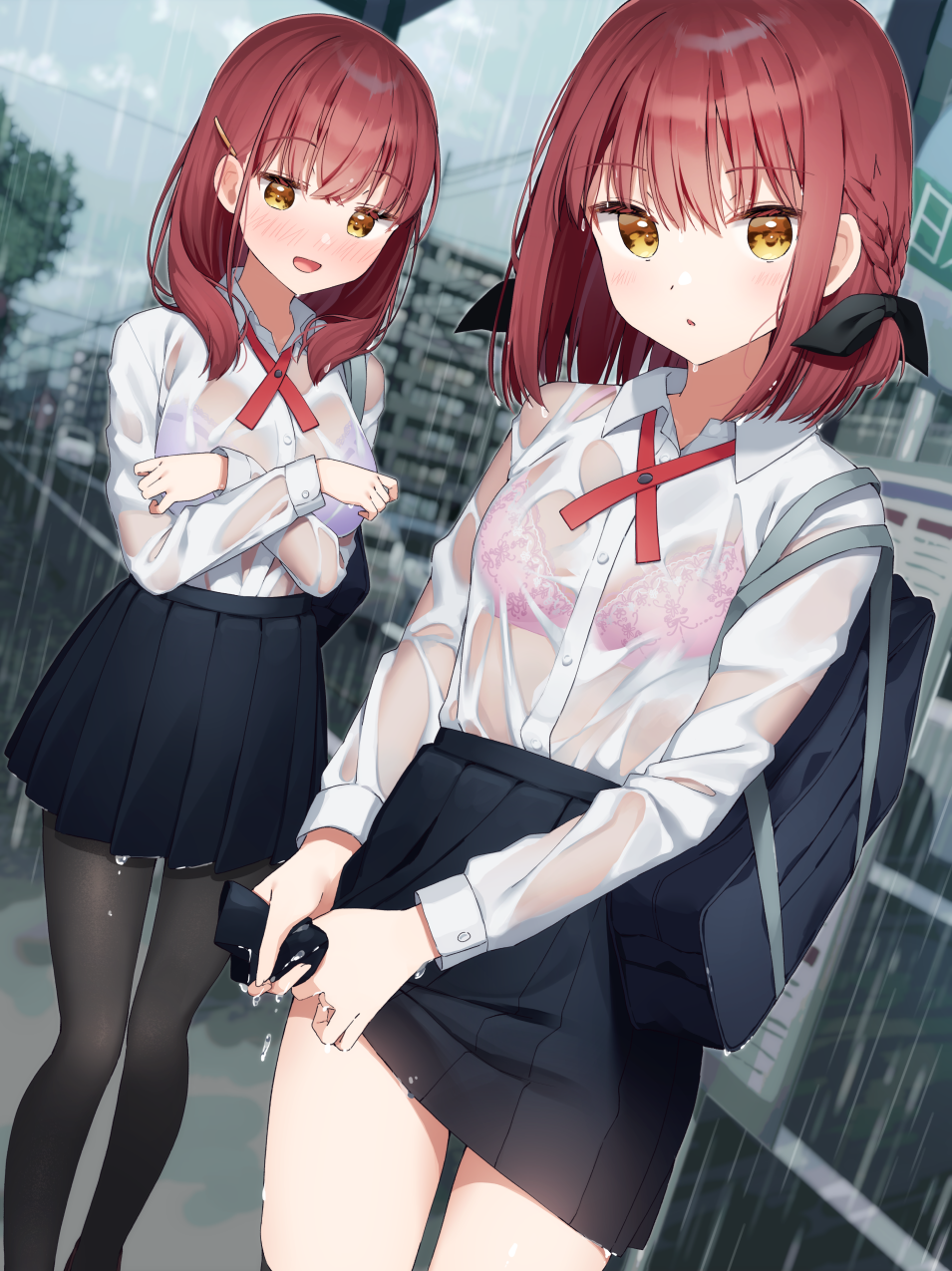 2girls, :d, :o, bag, bangs, black_legwear, black_skirt, blurry