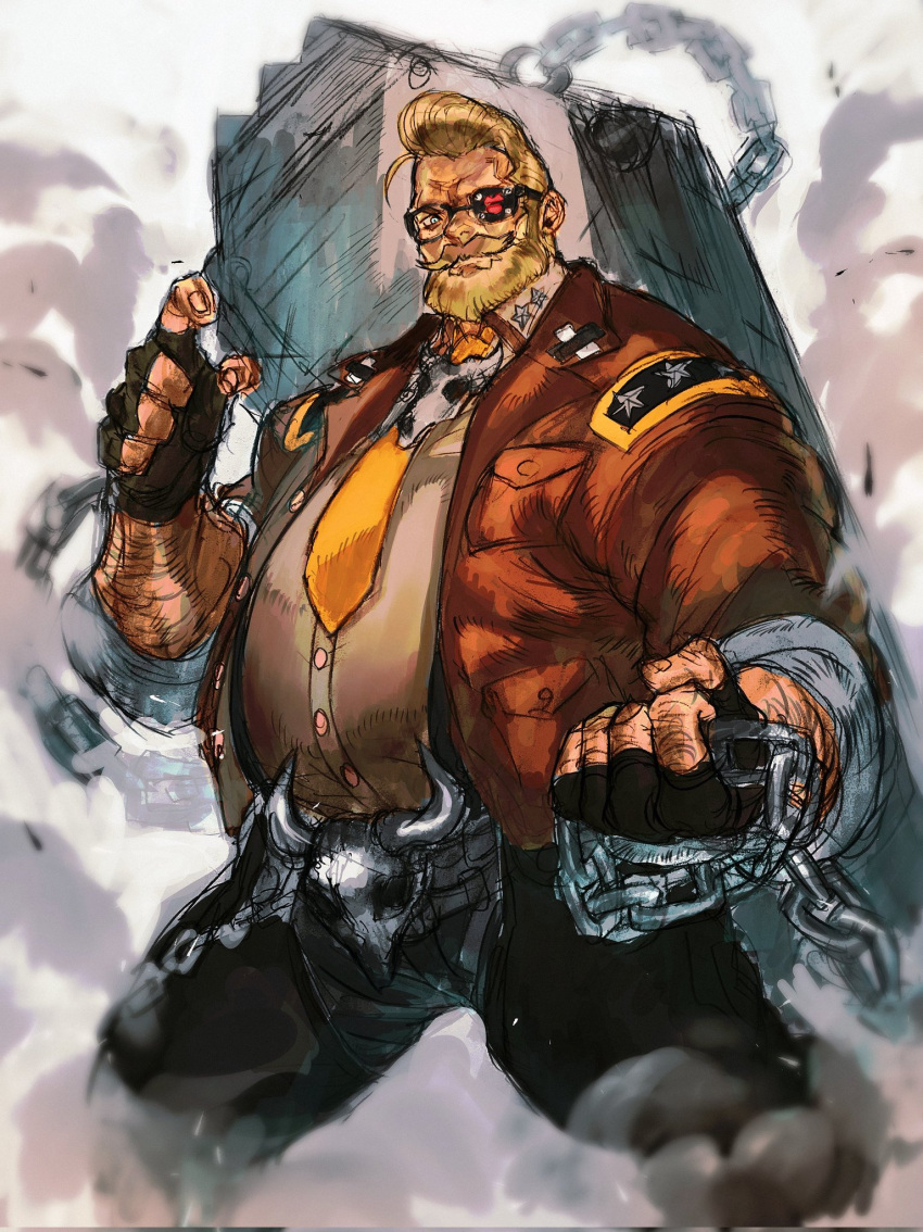 1boy, beard, blonde_hair, blue_eyes, chain, chaps, coffin, dust