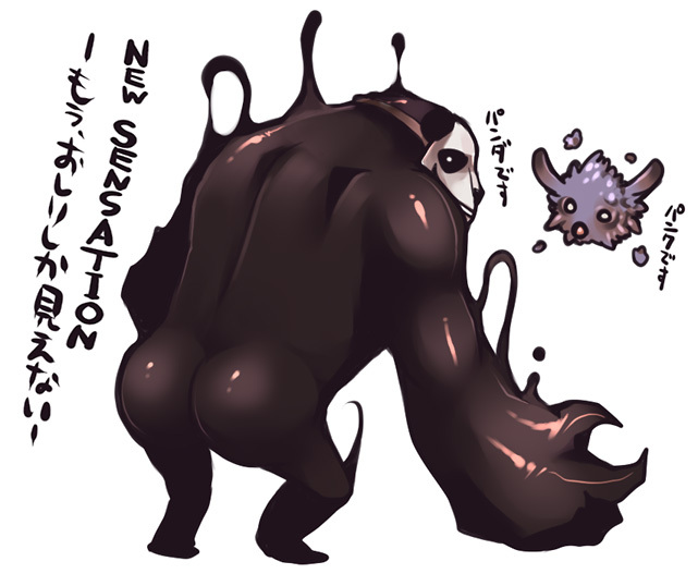 1boy, ass, black_skin, colored_skin, commentary_request, darkness, emon-yu, english_text