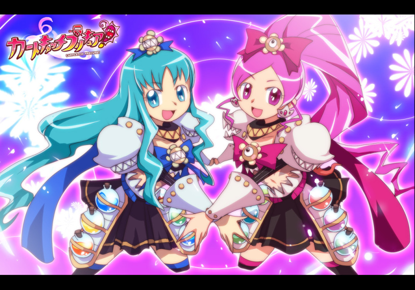 2girls, :d, armor, bangs, black_legwear, black_skirt, blue_bow, blue_eyes, blue_hair, bow, character_request, check_character, commentary_request, cropped_legs, crossover, cure_blossom, cure_marine, emon-yu, eyebrows_visible_through_hair, flask, flora_(ragnarok_online), genetic_(ragnarok_online), hair_bow, hanasaki_tsubomi, heartcatch_precure!, kneehighs, kurumi_erika, letterboxed, living_clothes, long_hair, looking_at_viewer, multiple_girls, navel, open_mouth, parody, pauldrons, pink_bow, pink_eyes, pink_hair, precure, ragnarok_online, round-bottom_flask, shoulder_armor, skirt, smile, teeth, translation_request, vambraces