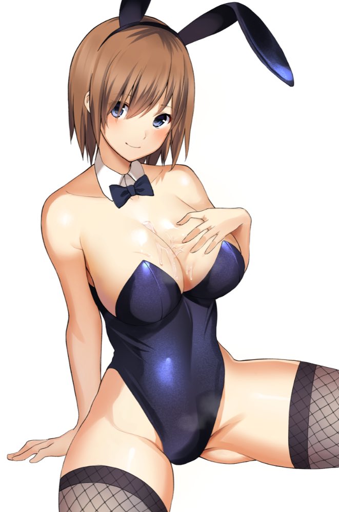 1girl, animal_ears, black_eyes, black_leotard, black_neckwear, bow, bowtie, breasts, brown_hair, bunny_tail, commentary_request, cowboy_shot, detached_collar, fishnet_legwear, fishnets, large_breasts, leotard, looking_at_viewer, original, playboy_bunny, rabbit_ears, short_hair, simple_background, sitting, solo, strapless, strapless_leotard, tail, thigh-highs, vright_leftv, white_background