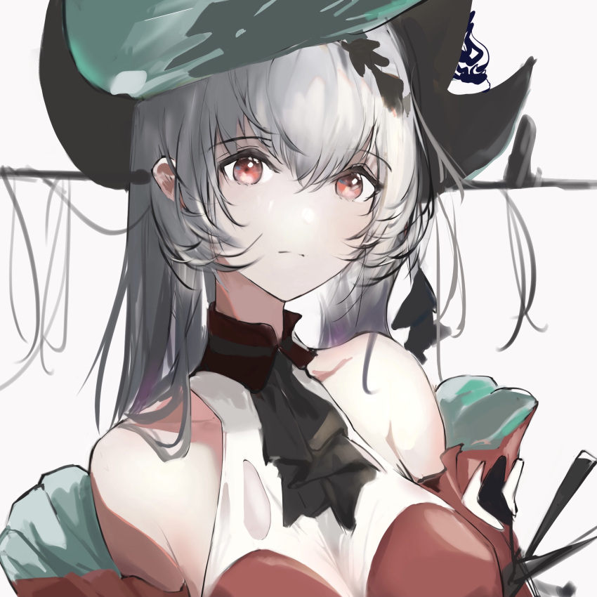 1girl, aqua_headwear, arknights, bangs, bare_shoulders, closed_mouth, commentary, dress