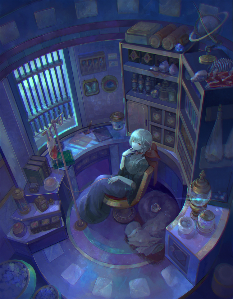 1girl, blood, blood_bag, book, chair, drawer, globe, green_shirt