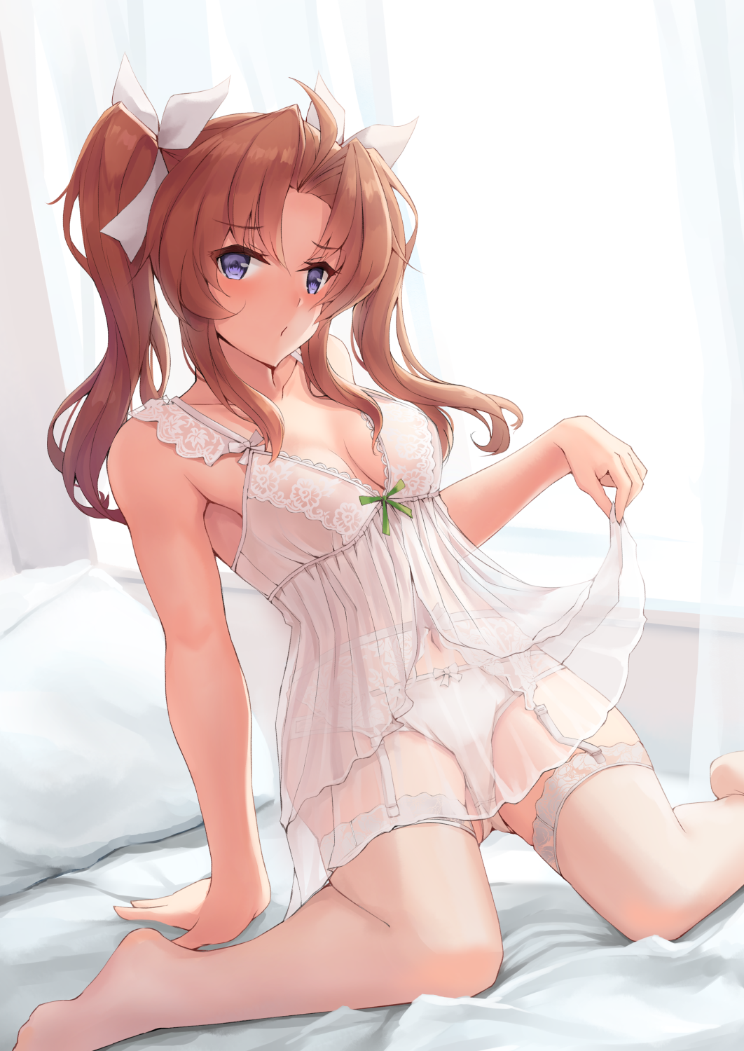 1girl, bed_sheet, blush, breasts, brown_hair, collarbone, eyebrows_visible_through_hair, garter_straps