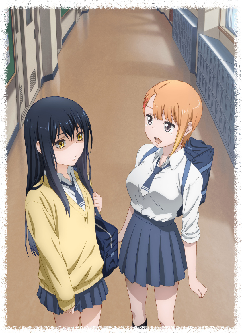 2girls, absurdres, bag, black_eyes, blue_neckwear, blue_skirt, closed_mouth, door