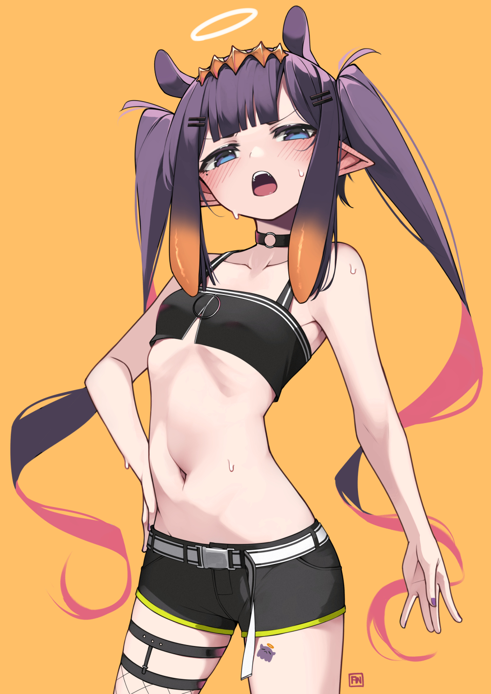1girl, angry_num, bangs, belt, black_choker, black_shorts, blush, choker