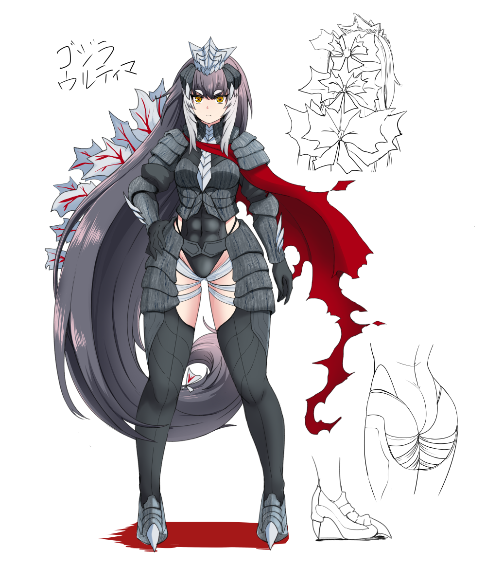 1girl, cape, gloves, godzilla, godzilla_(series), godzilla_singular_point, godzilla_ultima, gradient_hair