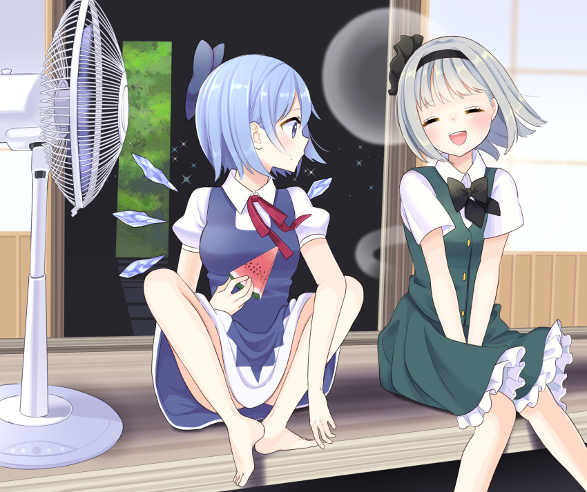 2girls, :o, ^_^, bangs, barefoot, black_bow, black_hairband, black_neckwear