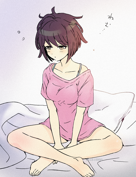 1girl, bangs, bare_shoulders, blanket, blush, breasts, brown_eyes, brown_hair, collarbone, commentary_request, dangan_ronpa_(series), dangan_ronpa_another_episode:_ultra_despair_girls, gradient, gradient_background, grey_background, hajime_(gitoriokawaii), indian_style, large_breasts, naegi_komaru, off_shoulder, pillow, pink_shirt, shirt, short_hair, short_sleeves, sitting, solo, twitter_username