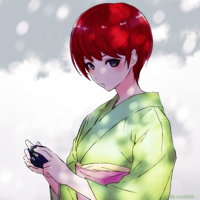 1girl, alternate_costume, bangs, blush, closed_mouth, commentary_request, dangan_ronpa_(series), dangan_ronpa_2:_goodbye_despair, eyebrows_visible_through_hair, green_kimono, grey_background, hajime_(gitoriokawaii), hands_up, holding, japanese_clothes, kimono, koizumi_mahiru, long_sleeves, looking_at_viewer, obi, redhead, sash, short_hair, solo, twitter_username, two-tone_background, upper_body, white_background, wide_sleeves