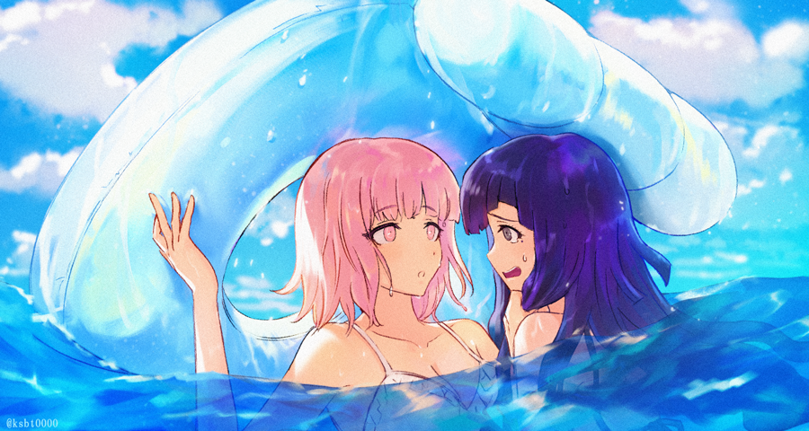 2girls, bangs, bare_shoulders, bikini, collarbone, commentary_request, dangan_ronpa_(series), dangan_ronpa_2:_goodbye_despair