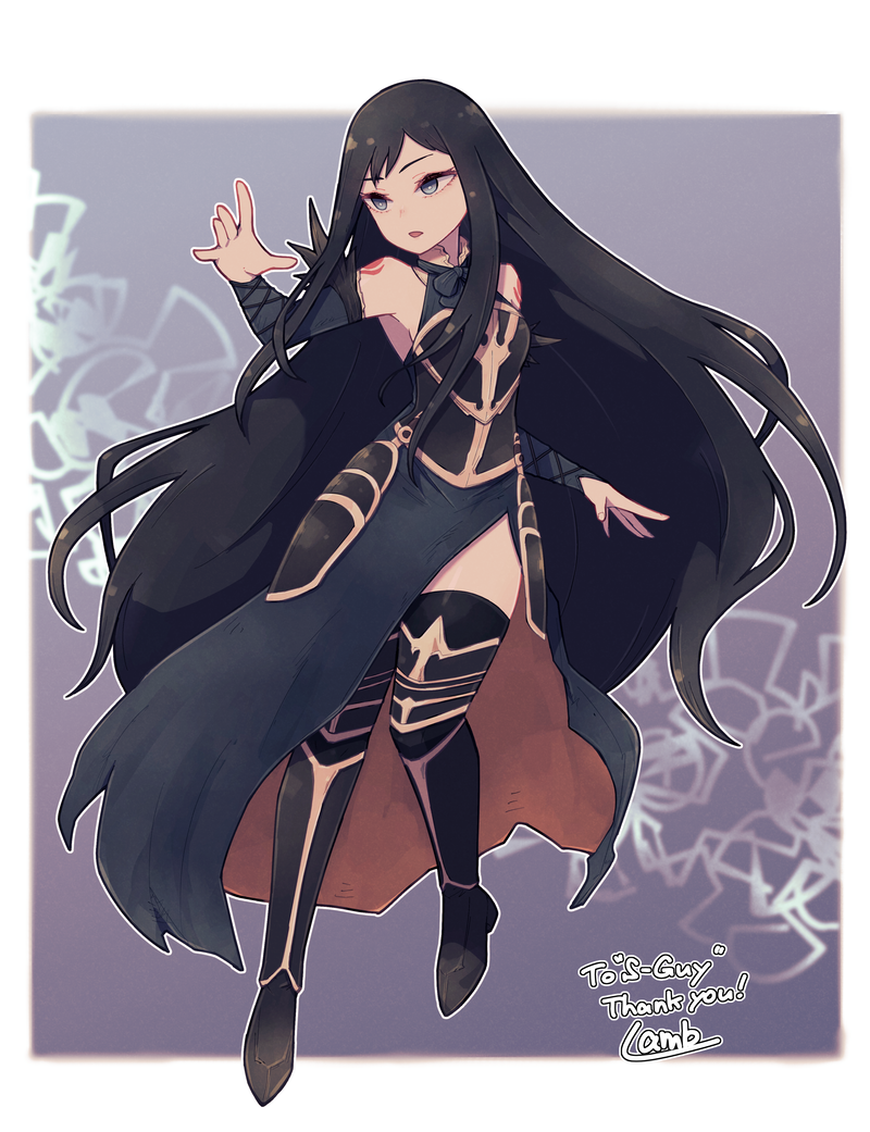 1girl, bare_shoulders, black_dress, black_hair, black_legwear, border, bright_pupils, castlevania:_harmony_of_despair