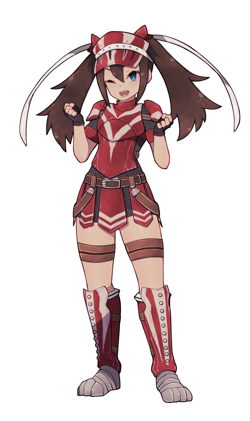1girl, :d, armor, belt, black_gloves, blue_eyes, boots, breastplate, brown_belt, brown_hair, copyright_request, fingerless_gloves, full_body, gloves, hands_up, hermitaur_(armor), highres, lamb-oic029, looking_at_viewer, mail_armor, monster_hunter_(series), one_eye_closed, open_mouth, pauldrons, red_skirt, shoulder_armor, simple_background, skirt, smile, solo, thigh_strap, twintails, unmoving_pattern, visor_cap, white_background