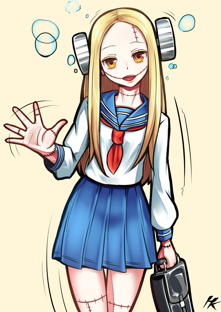 1girl, absurdres, alternate_costume, bag, blonde_hair, blue_skirt, bolt, cowboy_shot, eyeshadow, flat_chest, forehead, franken_fran, glasgow_smile, ha_kang, head_tilt, highres, holding, holding_bag, long_hair, looking_at_viewer, madaraki_fran, makeup, open_mouth, orange_eyes, parted_hair, pleated_skirt, school_briefcase, school_uniform, serafuku, skirt, solo, standing, stitches, straight_hair, thigh_gap, waving, yellow_eyeshadow