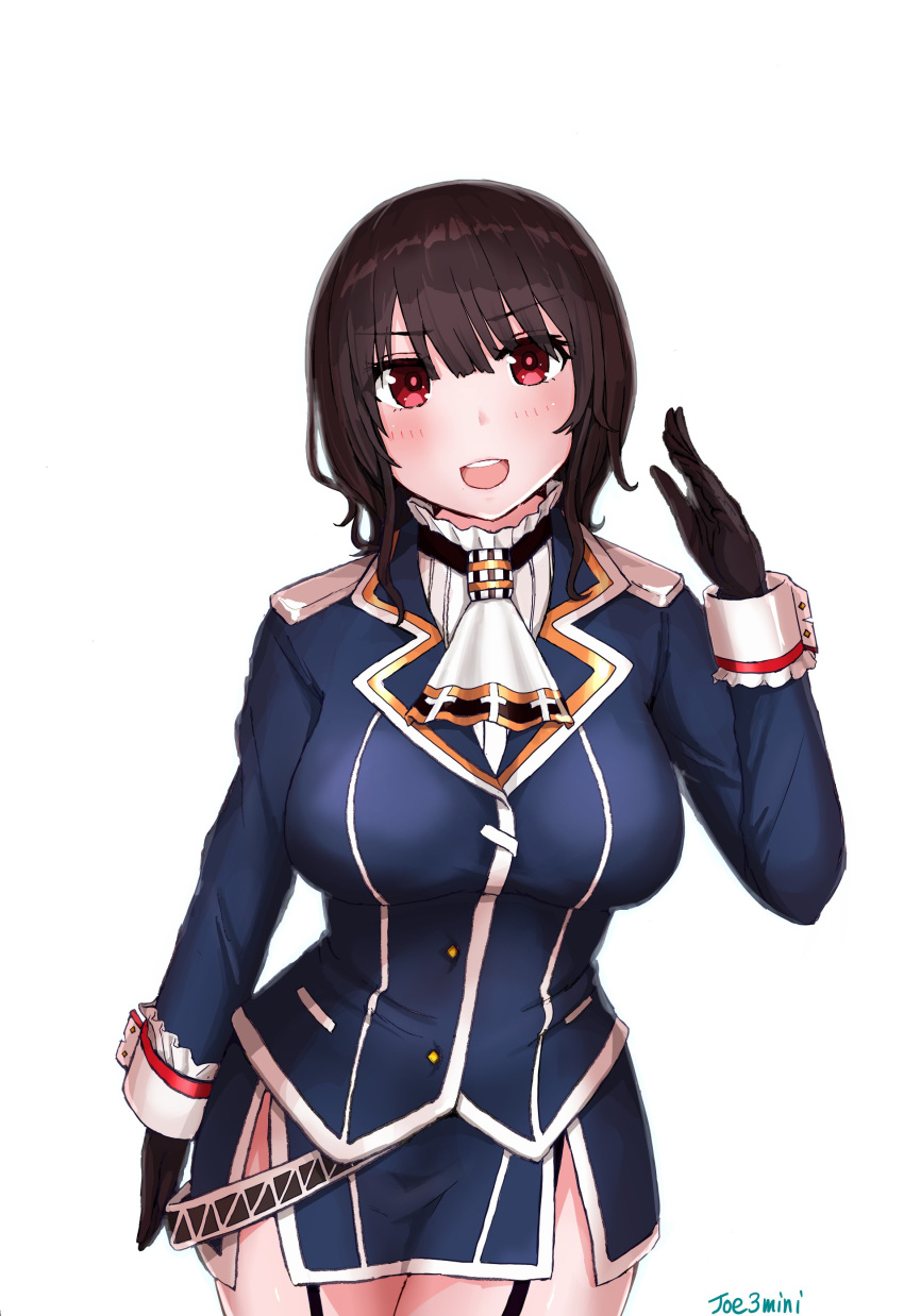 1girl, absurdres, ascot, black_gloves, black_hair, blue_skirt, cowboy_shot, garter_straps, gloves, highres, jousanrou, kantai_collection, looking_at_viewer, military, military_uniform, miniskirt, pencil_skirt, red_eyes, short_hair, simple_background, skirt, smile, solo, takao_(kancolle), uniform, white_background, white_neckwear