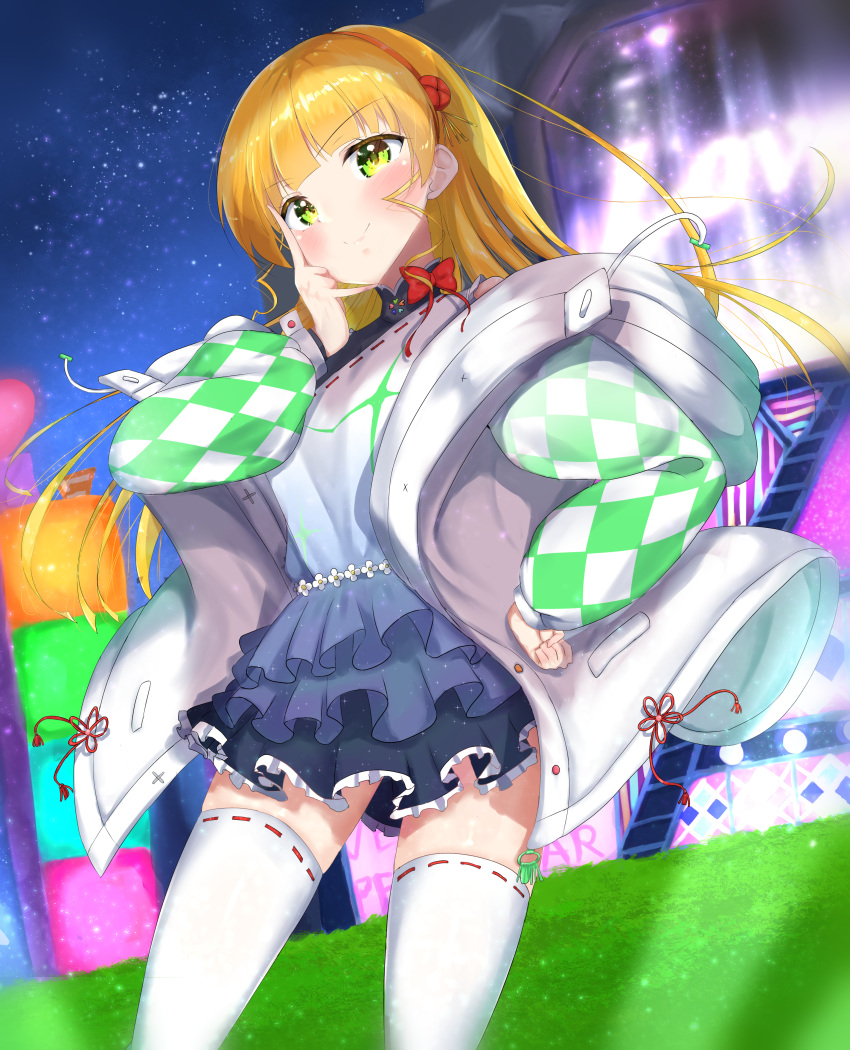 1girl, absurdres, bangs, blonde_hair, blue_dress, blush, commentary_request, drawstring