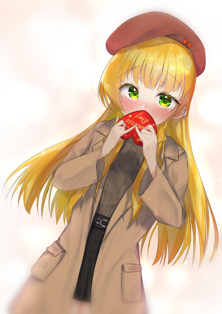 1girl, absurdres, bangs, black_skirt, blonde_hair, blurry, blush, bow