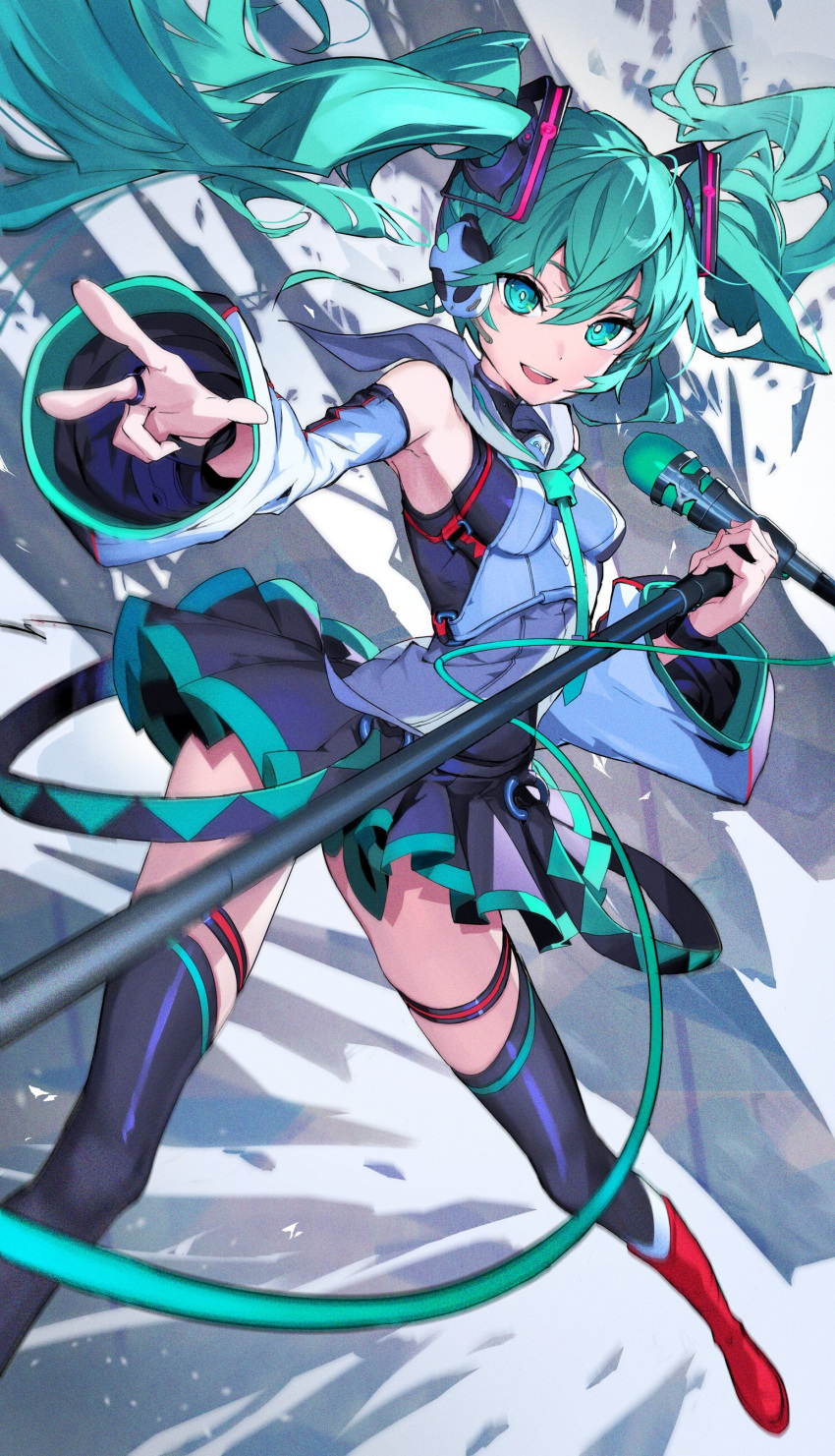 absurdres, armpits, boots, detached_sleeves, green_eyes, hair_ornament, hatsune_miku, headphones