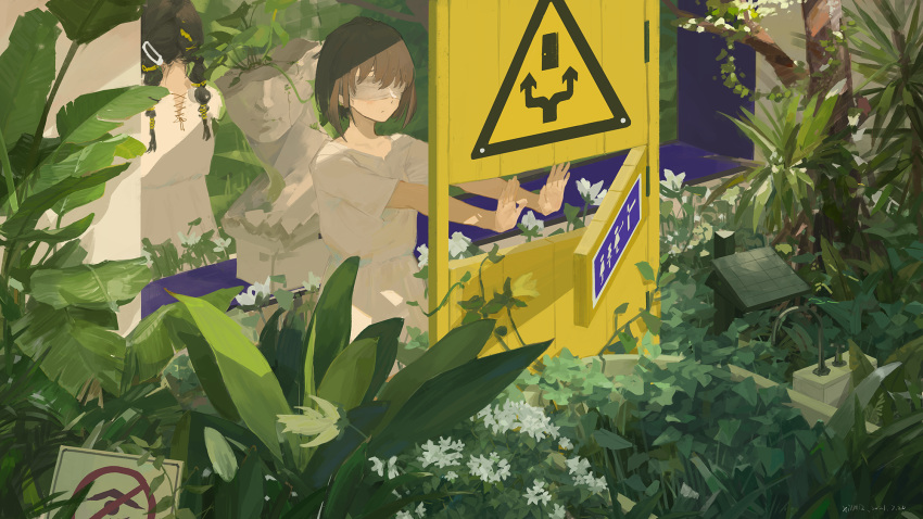 2girls, bangs, blindfold, brown_hair, bust_(sculpture), dress, flower, from_behind