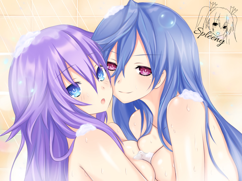 2girls, bare_shoulders, bathing, blue_eyes, braid, breast_press, breasts, eyebrows_visible_through_hair, hair_between_eyes, hair_ornament, hair_over_shoulder, highres, iris_heart, kami_jigen_game_neptune_v, large_breasts, long_hair, looking_at_viewer, multiple_girls, neptune_(series), purple_hair, purple_heart, red_eyes, smile, spleeny, symbol-shaped_pupils, twin_braids, v-shaped_eyebrows, very_long_hair, wet