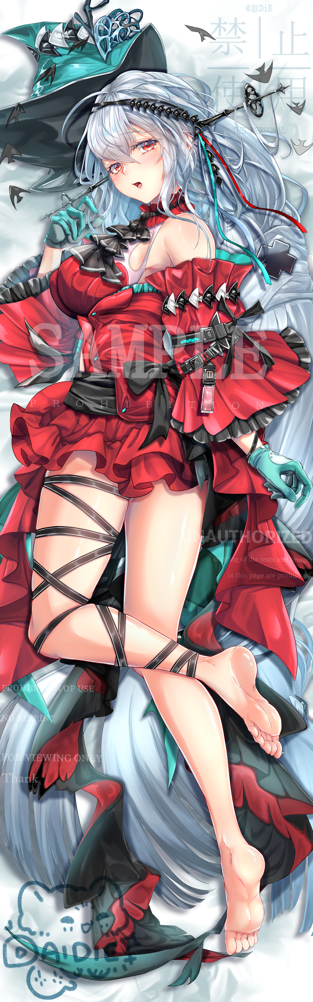 1girl, absurdres, arknights, ascot, bangs, bare_legs, bare_shoulders, barefoot, black_neckwear, black_ribbon, blue_headwear, breasts, commentary_request, dai_die, detached_sleeves, dress, hair_between_eyes, highres, large_breasts, leg_ribbon, long_hair, looking_at_viewer, parted_lips, red_dress, red_eyes, ribbon, short_dress, silver_hair, skadi_(arknights), skadi_the_corrupting_heart_(arknights), solo, thighs, very_long_hair