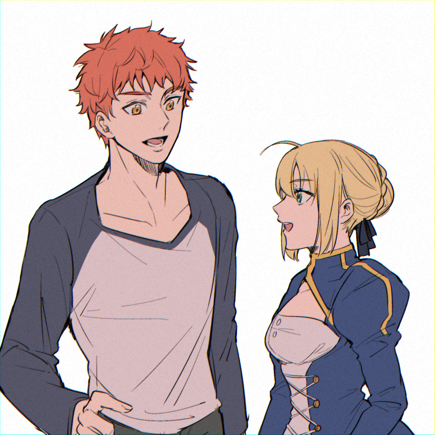 1boy, 1girl, artoria_pendragon_(all), blonde_hair, dress, emiya_shirou, eyebrows_visible_through_hair, fate/stay_night, fate_(series), green_eyes, hair_bun, hand_on_hip, highres, kulissara-aung, long_sleeves, looking_at_another, open_clothes, orange_hair, saber, simple_background, teeth, tongue, upper_body, white_background, yellow_eyes