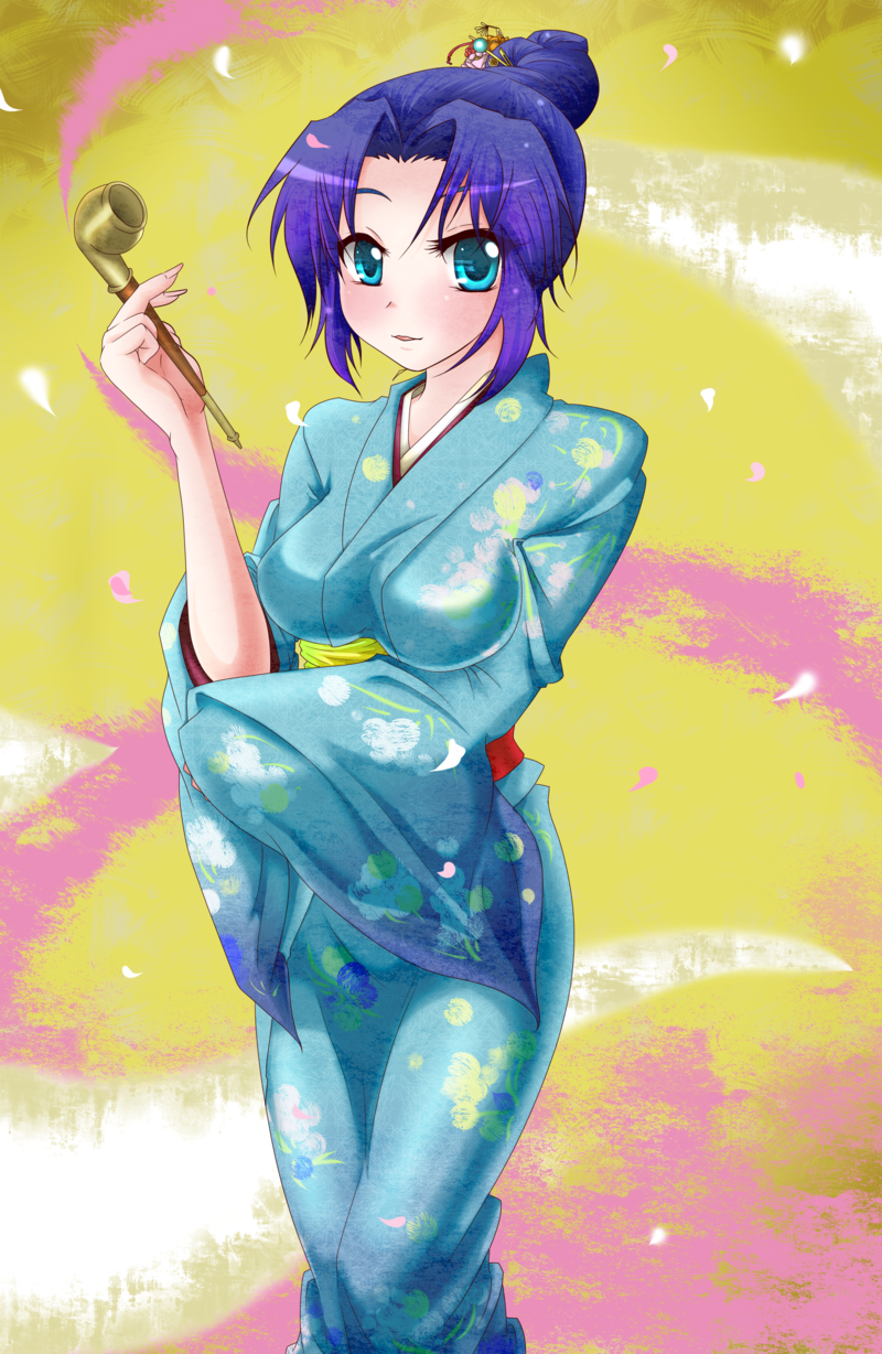 bad_id, blue_eyes, blue_hair, cherry_blossoms, hair_bun, hayase_kento, highres, japanese_clothes