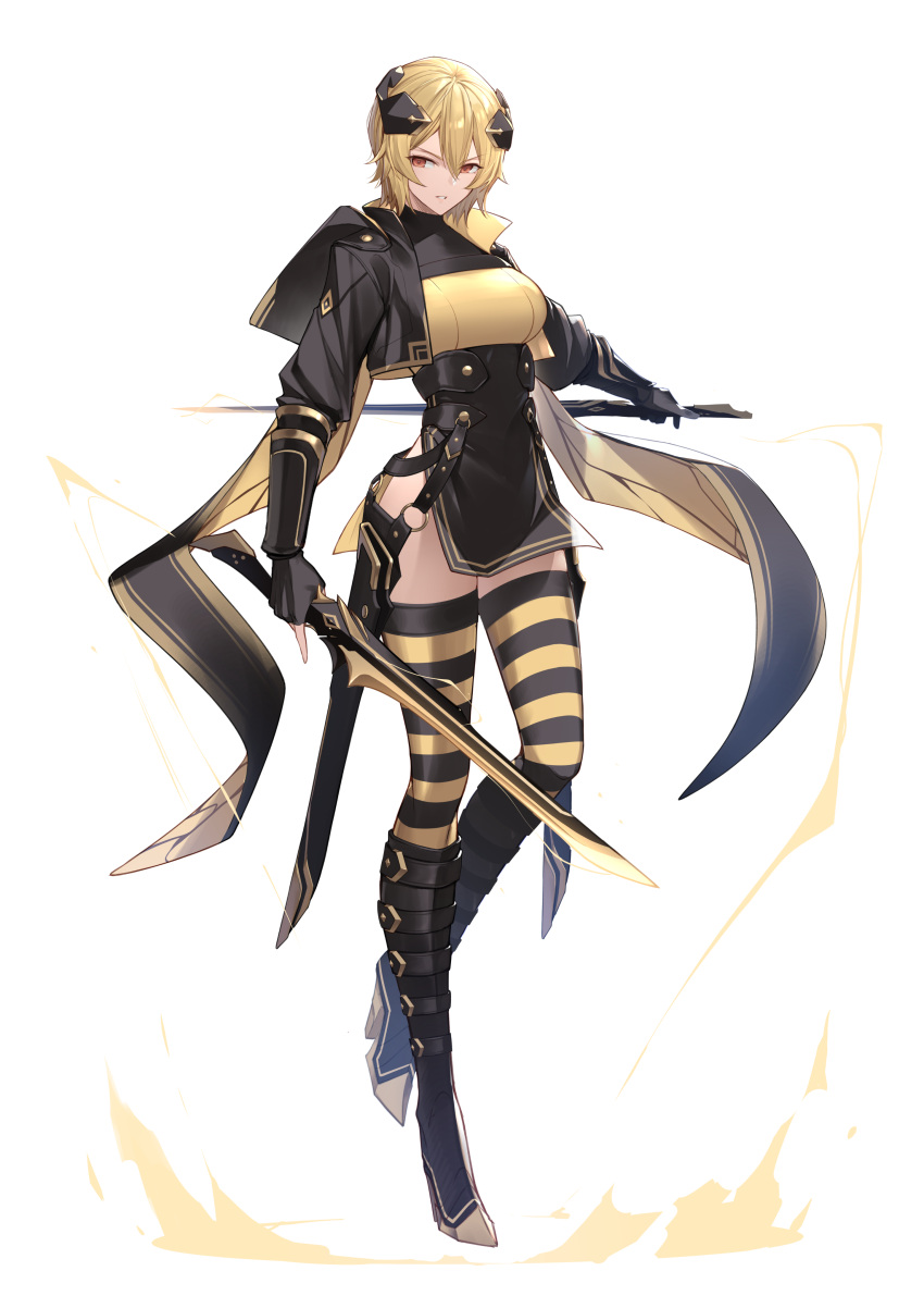 1girl, absurdres, arm_guards, bangs, black_footwear, black_gloves, black_jacket, black_legwear