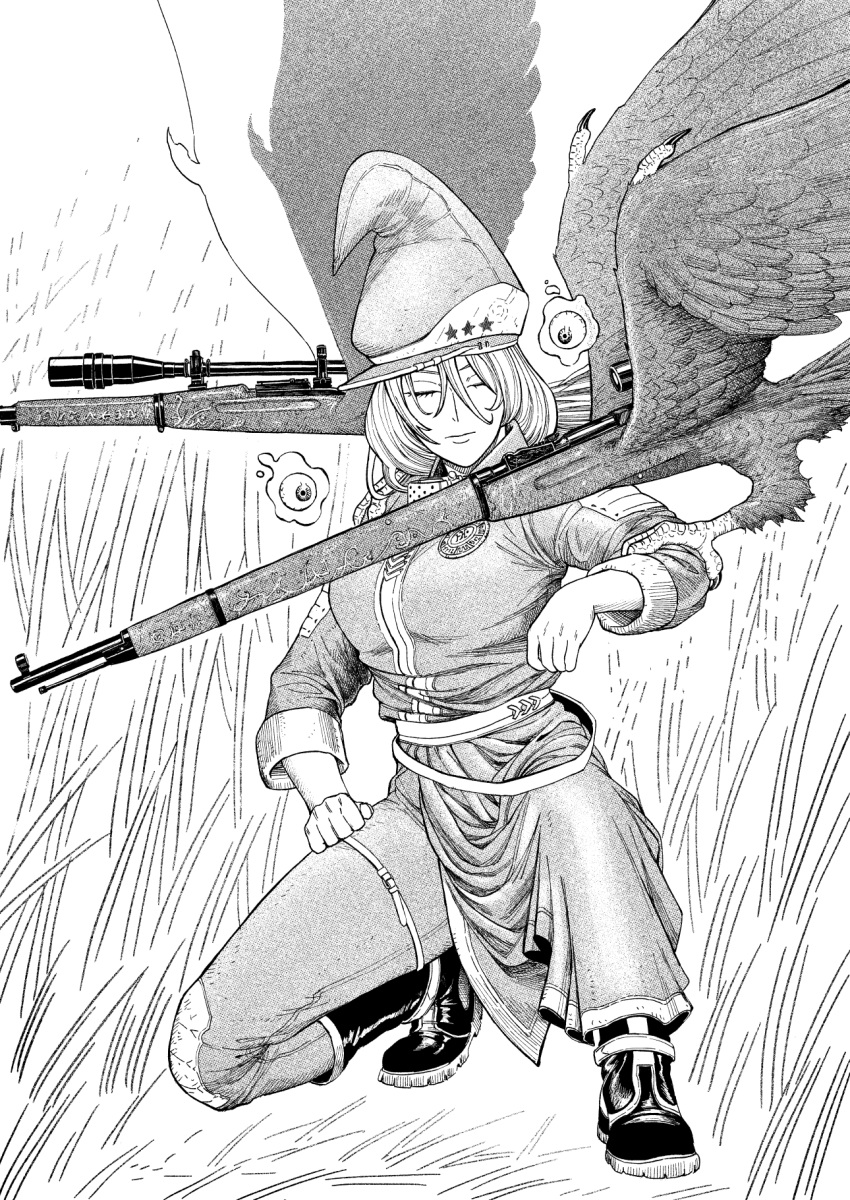 1girl, breasts, closed_eyes, eyeball, feathered_wings, floating_eye, greyscale, gun