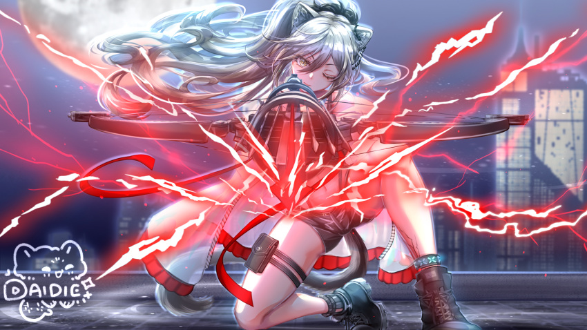 1girl, ;), animal_ears, arknights, artist_name, bangs, black_footwear, black_shorts