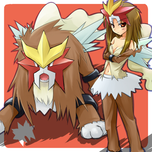 1girl, brown_hair, cosplay, crossed_arms, entei, female, lowres, moemon