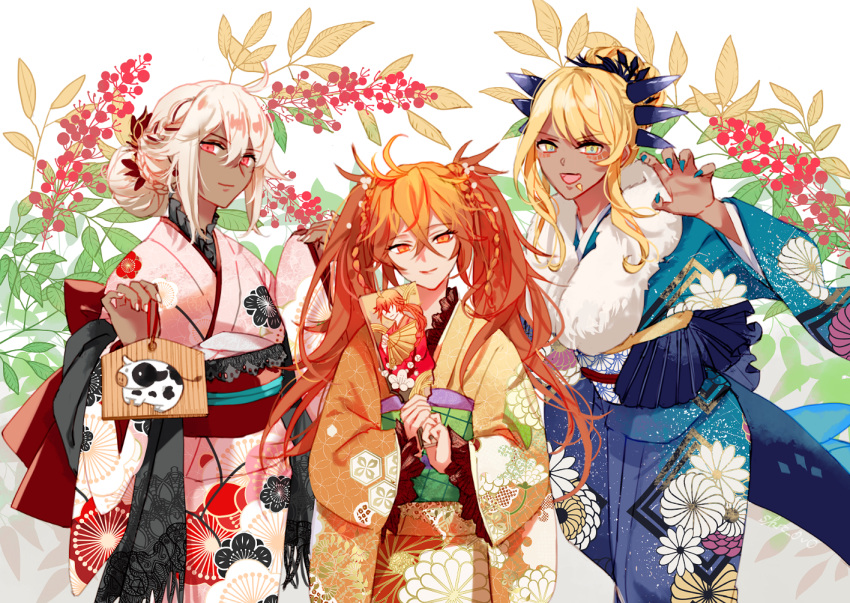 3girls, ahoge, blonde_hair, character_request, commentary_request, dark_skin, eyebrows_visible_through_hair, fate/grand_order
