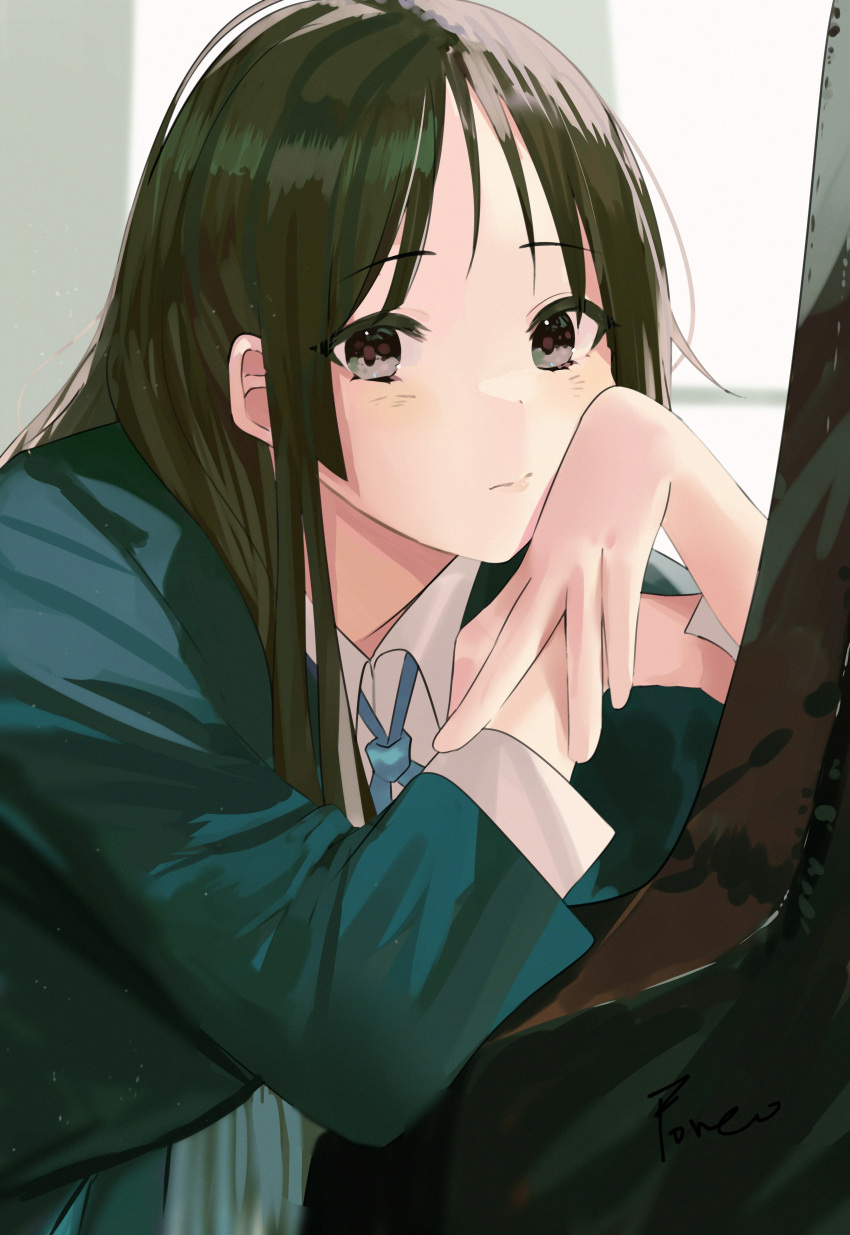 1girl, absurdres, akiyama_mio, black_hair, brown_eyes, head_rest, highres, instrument_case