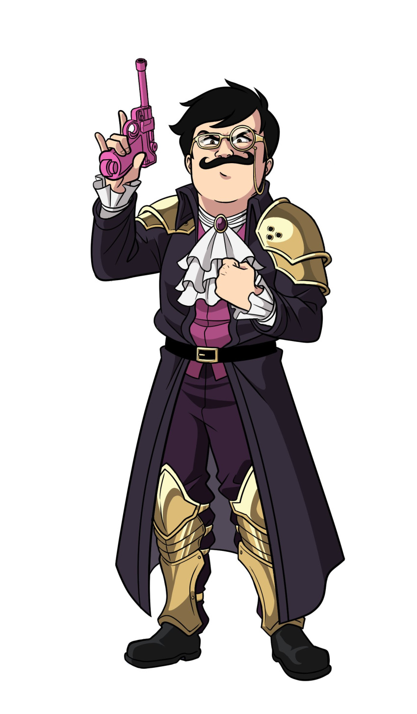 1boy, armor, asymmetrical_eyewear, belt, black_footwear, black_hair, clenched_hand, cravat