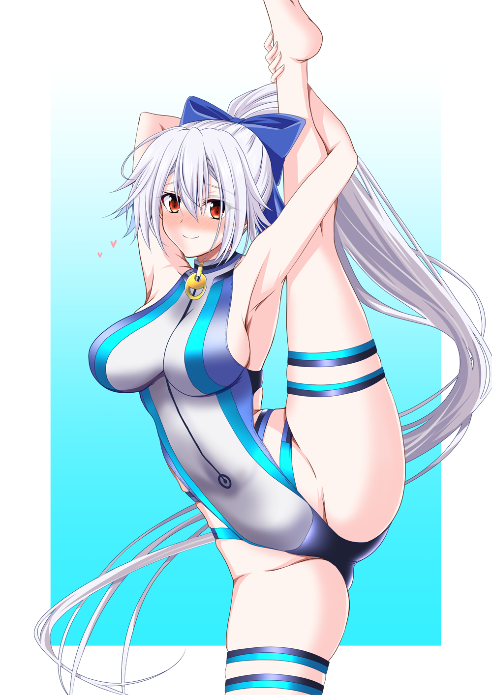 1girl, arm_behind_head, armpits, arms_up, bangs, barefoot, blue_background, blue_bow
